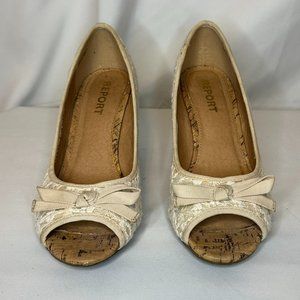 Report Ashlyn Cream Crochet Peep Toe Wedges